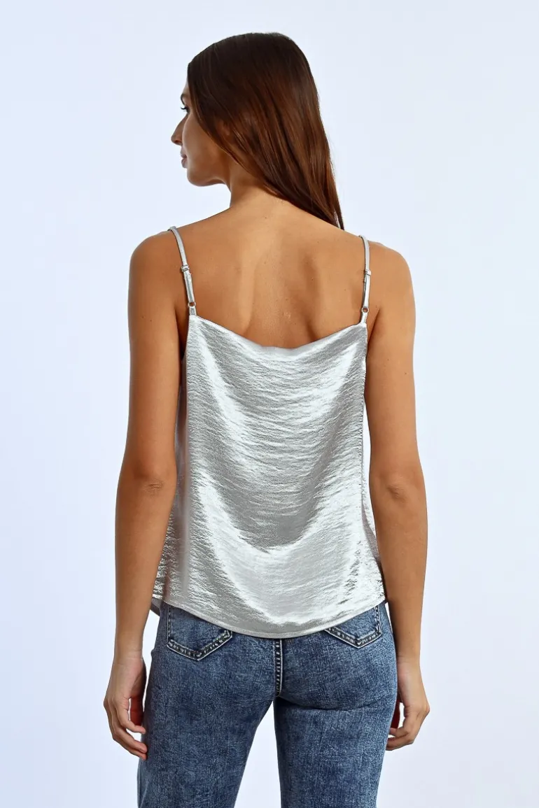Top à bretelles à strass, effet satiné