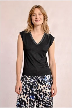 T-shirt à col V, orné de strass