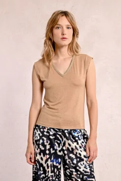 T-shirt à col V, orné de strass