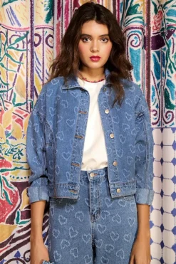 Veste en jean à motif c艙ur