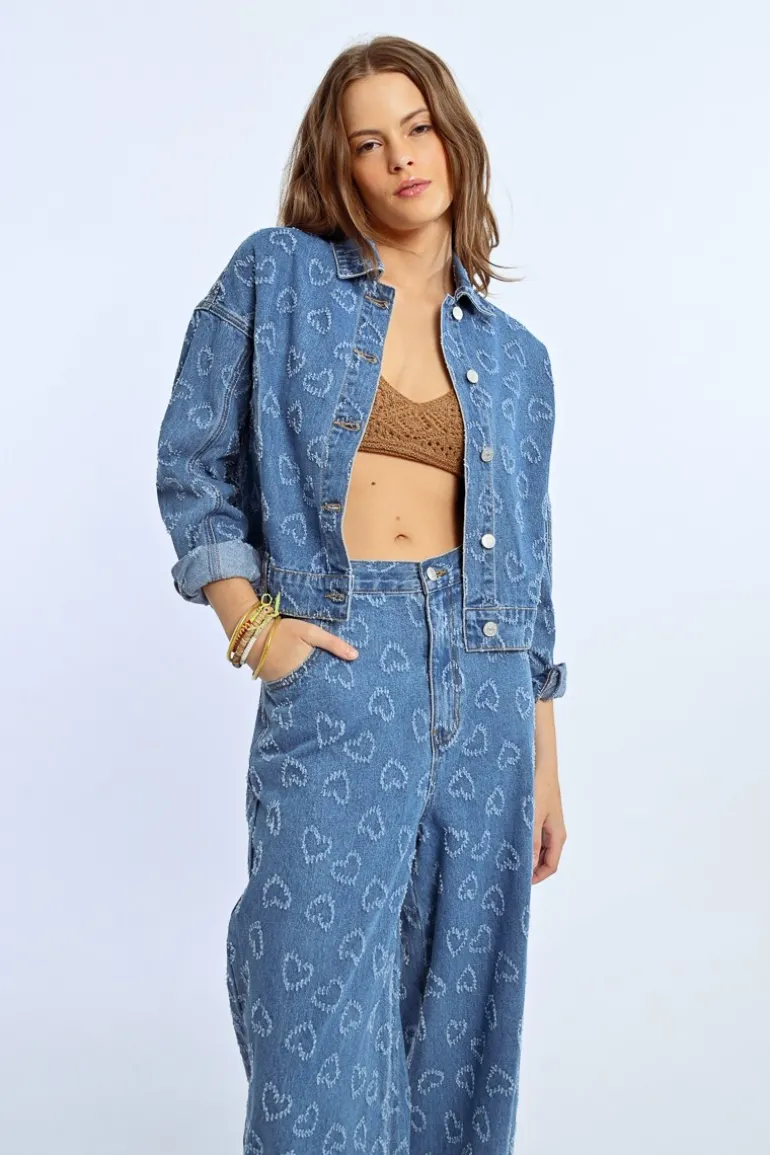 Veste en jean à motif c艙ur